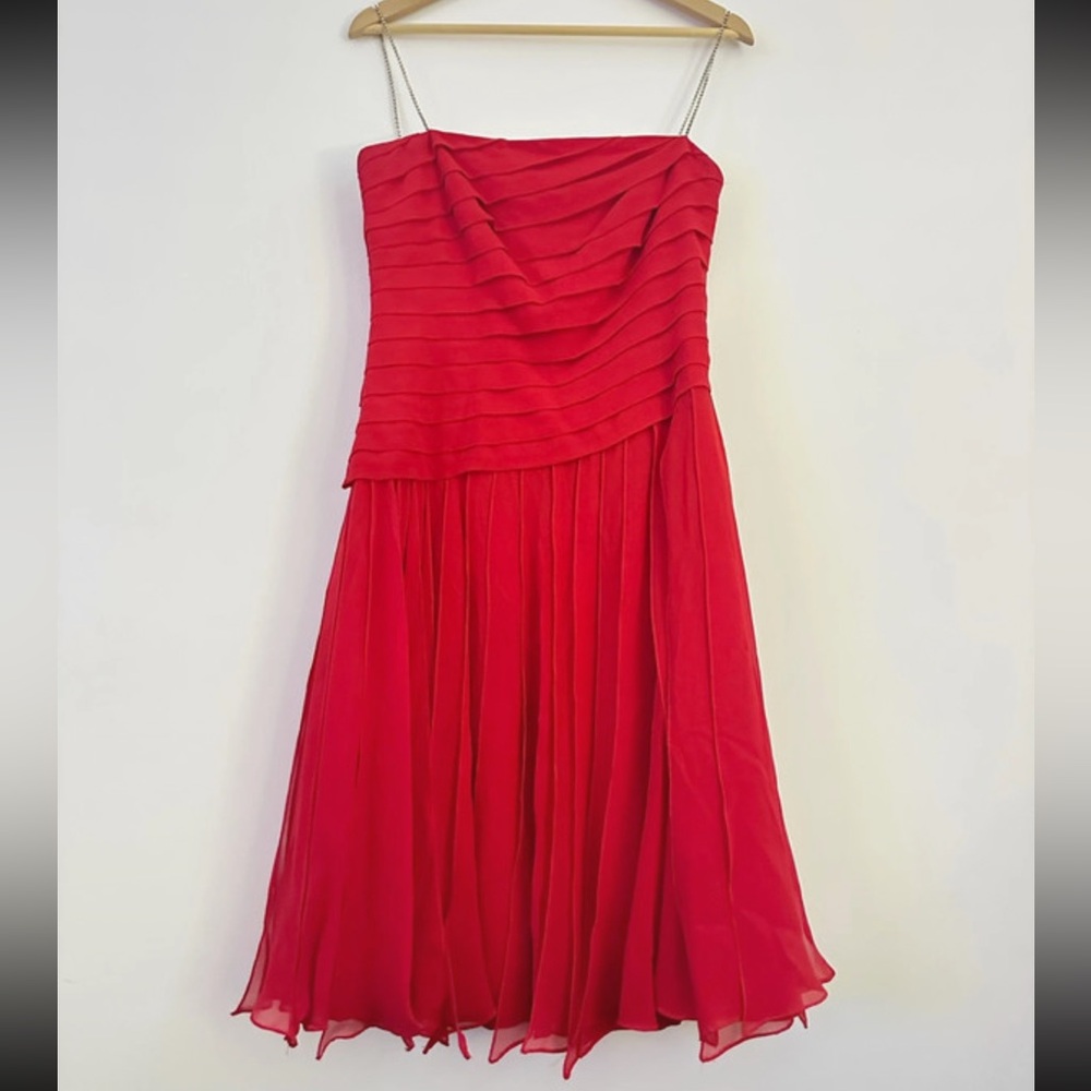 90s red silk cocktail dress vintage knee length midi pleated S/M